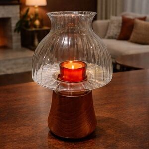 Vintage Mid-Century Modern Wood & Ribbed Glass Hurricane Candle Holder